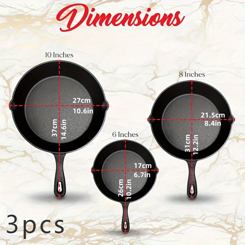 3-Piece Set of Pre-Seasoned Cast Iron Skillets - Ideal for Sauteing, Searing & Baking - Non-Stick and Versatile Cookware for Gas, Electric, Glass Top Stoves, Oven & Grill