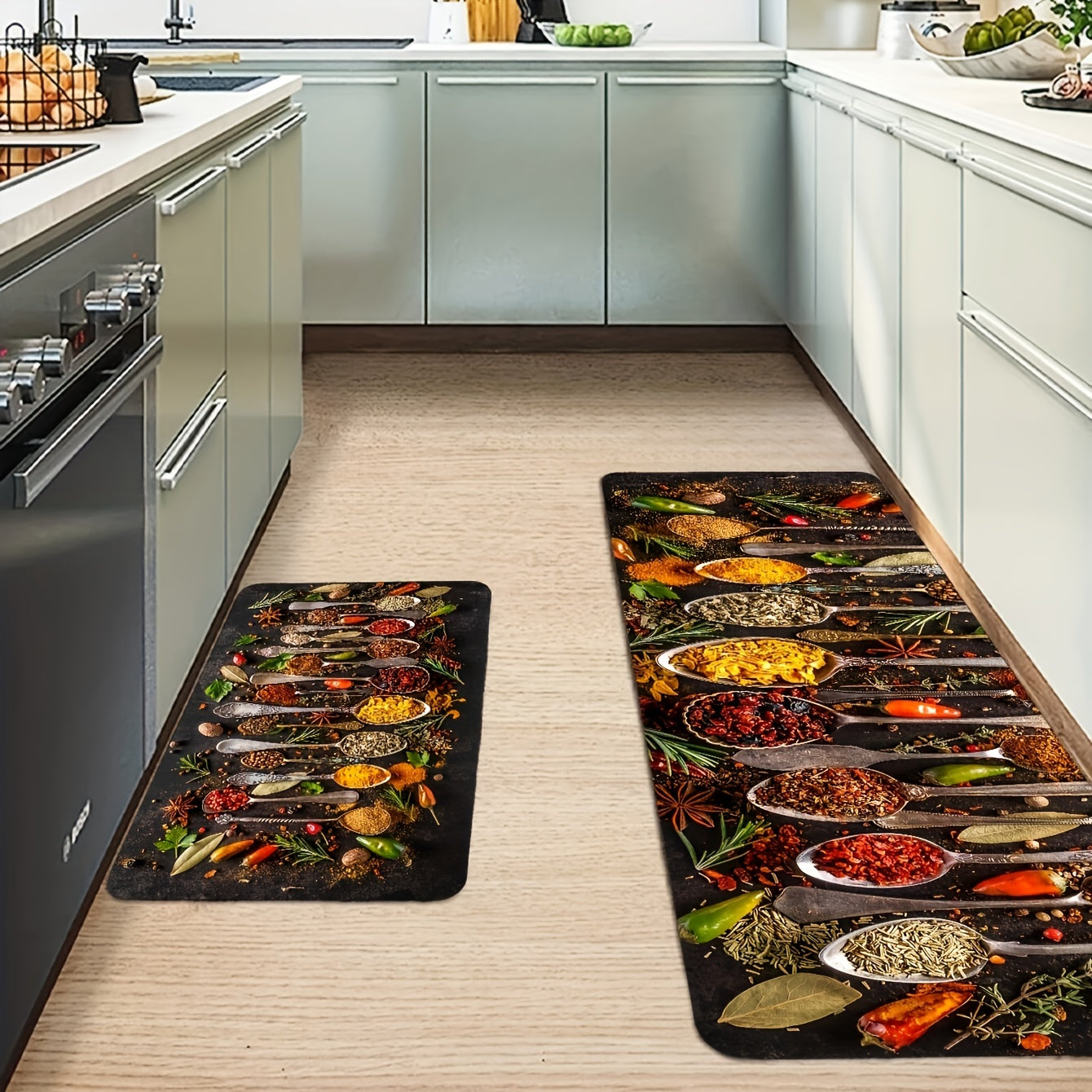 1 piece of Spices and Cutlery Patterned Mat for the Kitchen - Non-slip Kitchen Floor Rug, Home Decor and Room Decoration