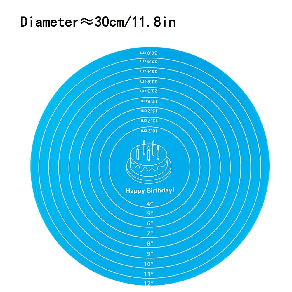 1 piece of 29.97cm Round Cake Turntable Mat made of Silicone. This multipurpose mat can be used as a Baking Mat, Scale Mat, Heat Insulation Mat, and Placemat. It is designed to be non-stick and non-slip, making it a perfect addition to your kitchen