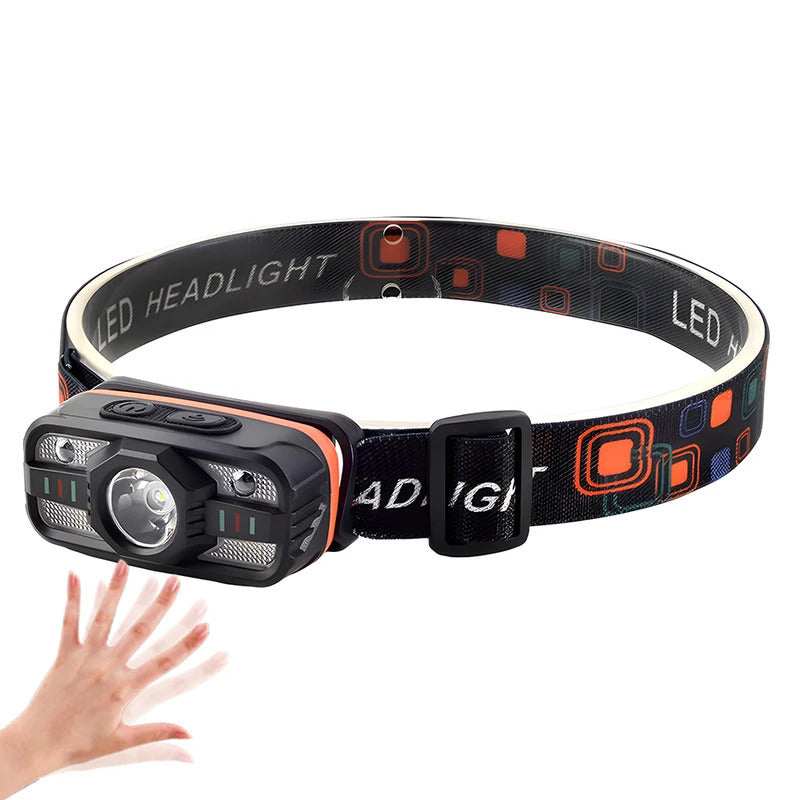 Rechargeable LED headlamp with polished finish and 6 modes for night activities.