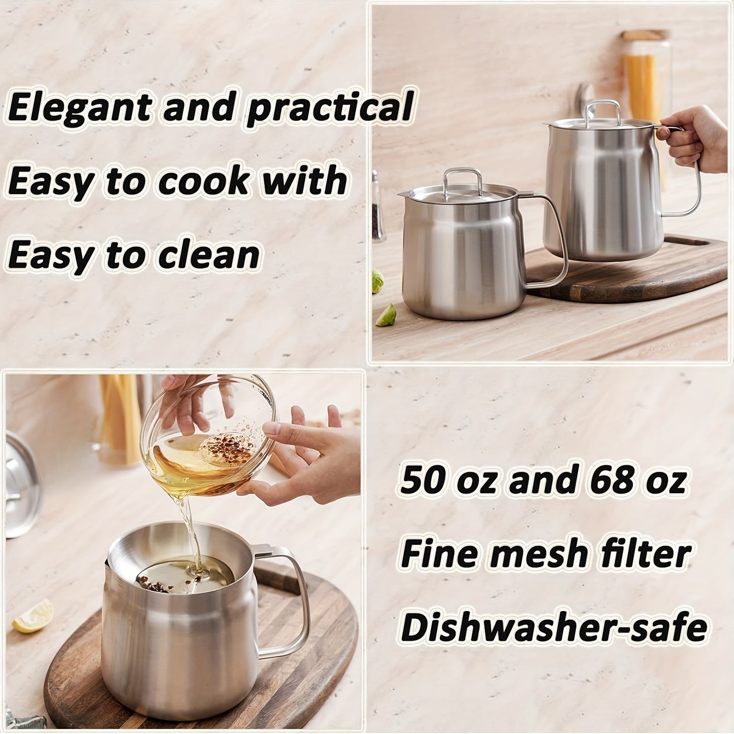 Stainless Steel Oil Filter Pot with Mesh Strainer - High Capacity, Drip-Free, Convenient Pouring for Cooking & Camping