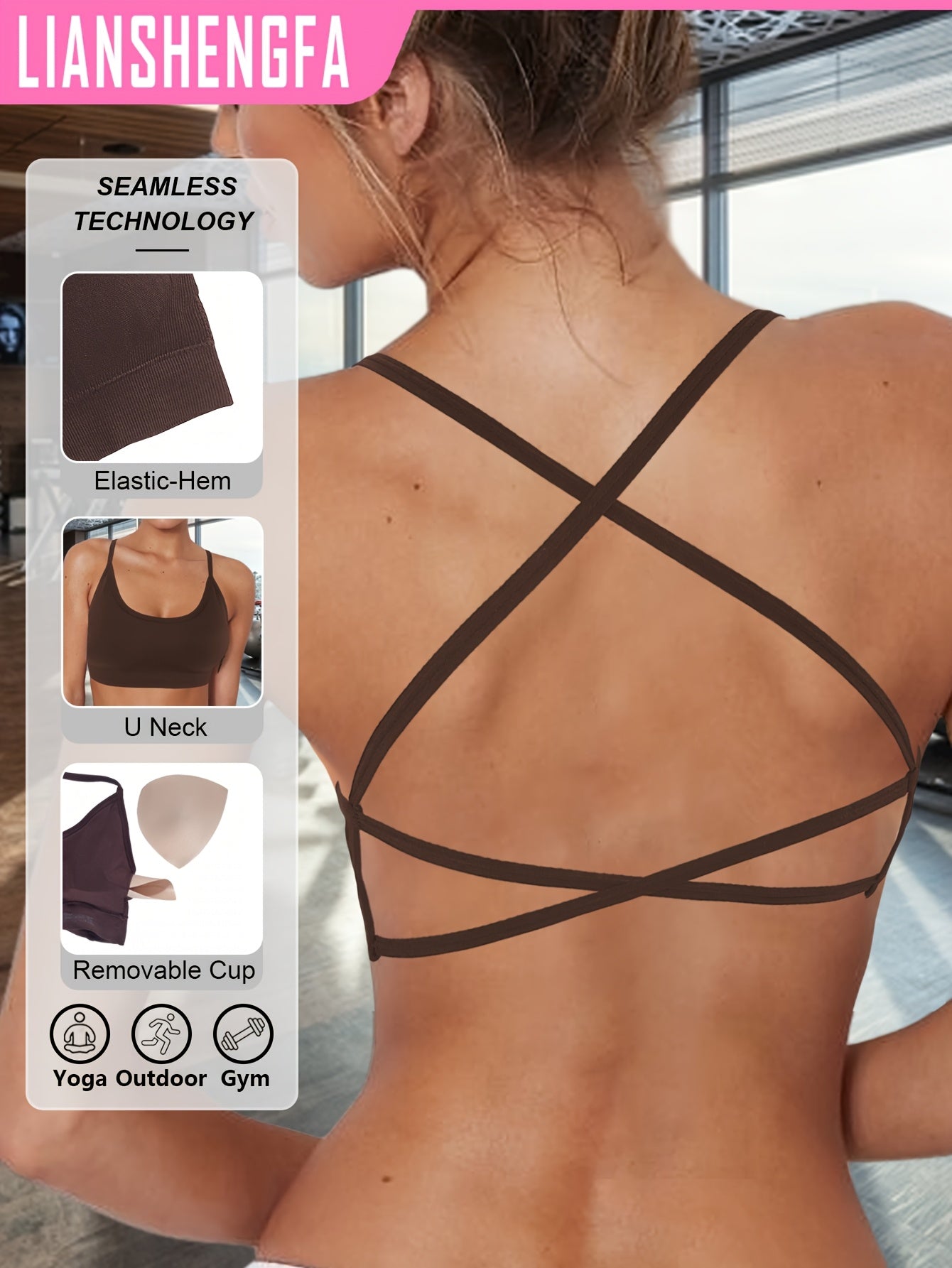 High-elastic sports bra with seamless design and high-intensity shock resistance, featuring breathable cross shoulder straps for yoga and fitness.