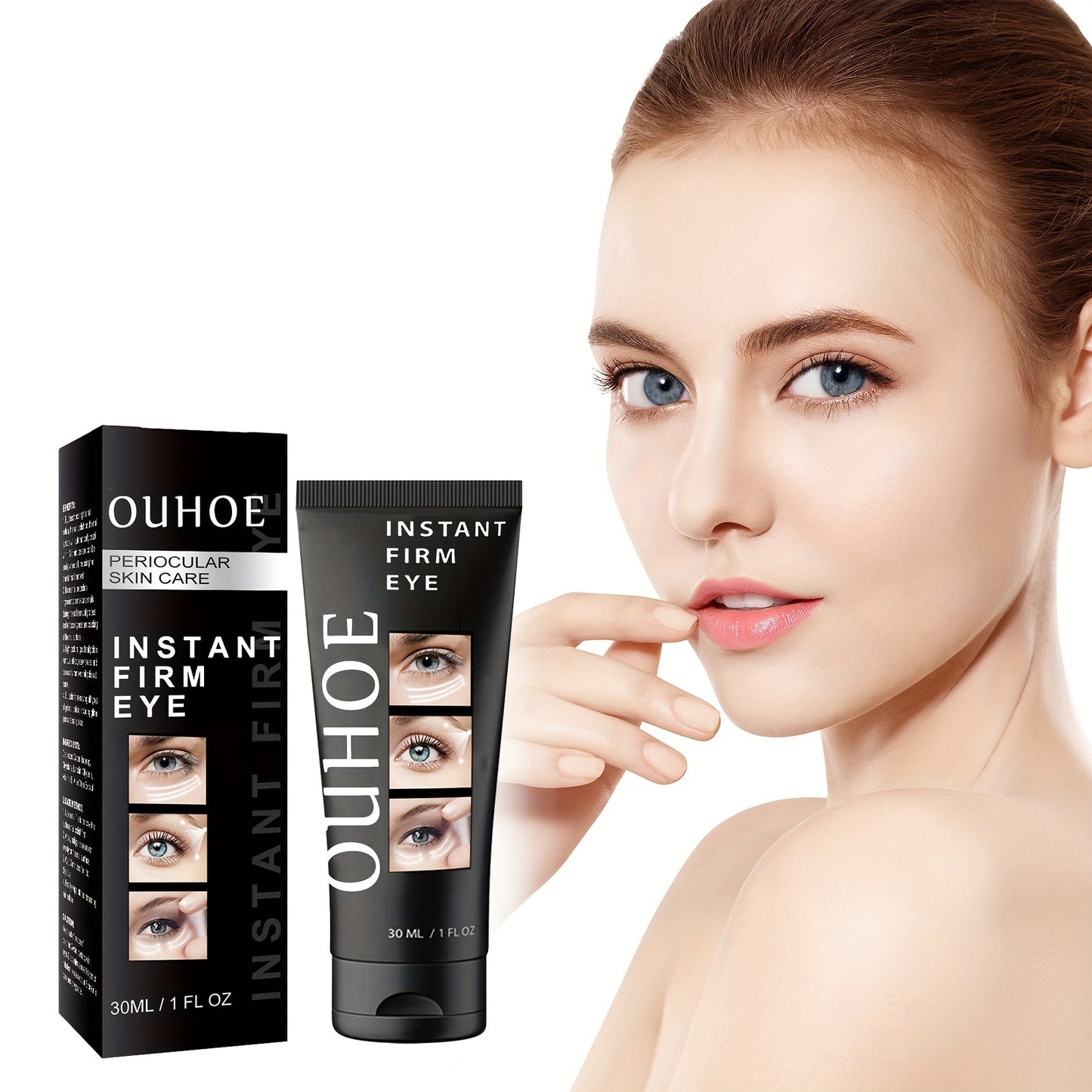 OUHOE Instant Eye Tightener Cream for all skin types. Firming and hydrating with Niacinamide & Hyaluronic Acid. Fragrance-free, enhances eye contour and moisture levels, for daily use.