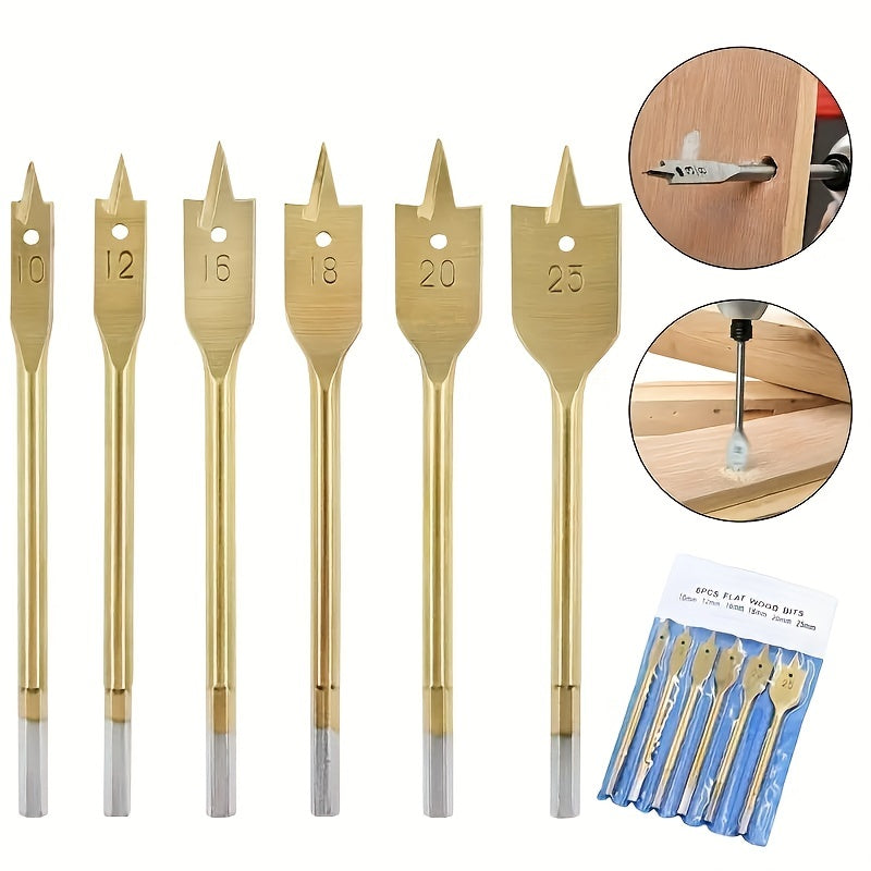 6pcs Titanium-Plated Flat Drill Bit Set for Woodworking