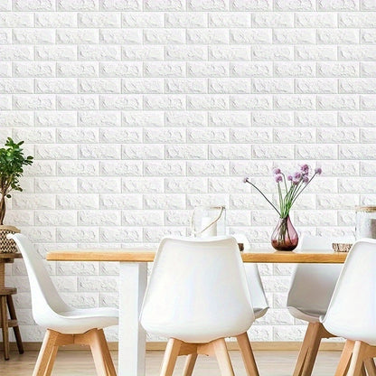 3D stereo brick stickers for indoor home decoration, available in quantities of 20, 50, or 100 pieces. Dimensions are 38.5×35cm/15.16×13.78in. PE foam material is waterproof and oilproof.