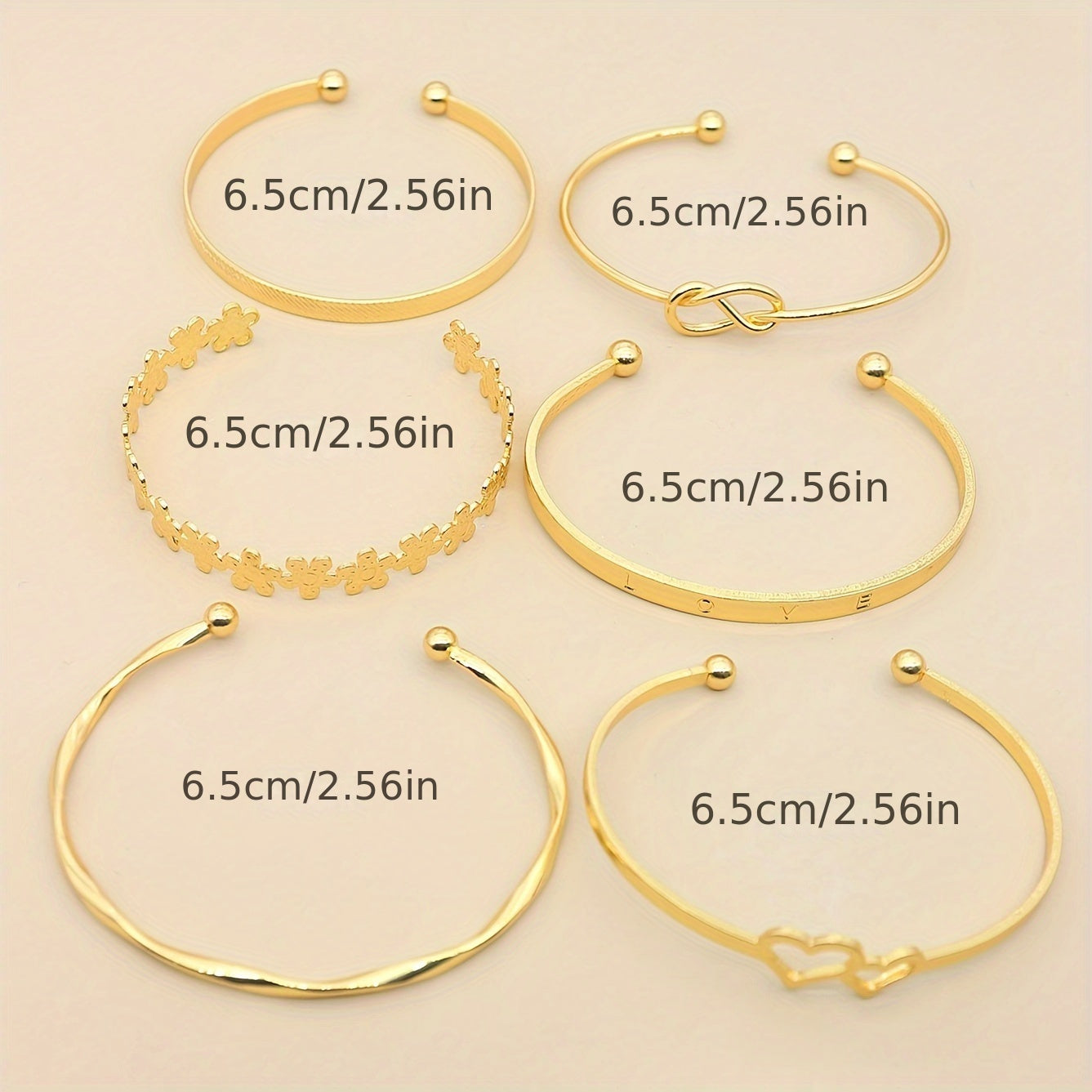 Set of 6 Love Heart Flower Bangle Bracelets in Hip Hop Style Alloy, Perfect Hand Jewelry Decoration for Everyday Wear