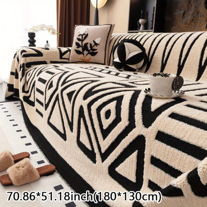 Modern Geometric Plush Sofa Cover in Black & White, All-Season, Dust-Proof, Pet-Friendly. Fits Single to Four-Seater Sofas. Machine Washable. Ideal for Living Room & Bedroom.