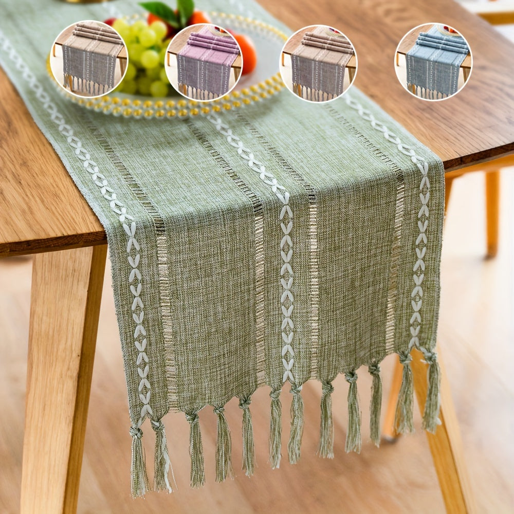 Rustic Bohemian farmhouse table runner with embroidered pattern, linen fabric, hand-tied tassels, multiple color options, handmade fringe.