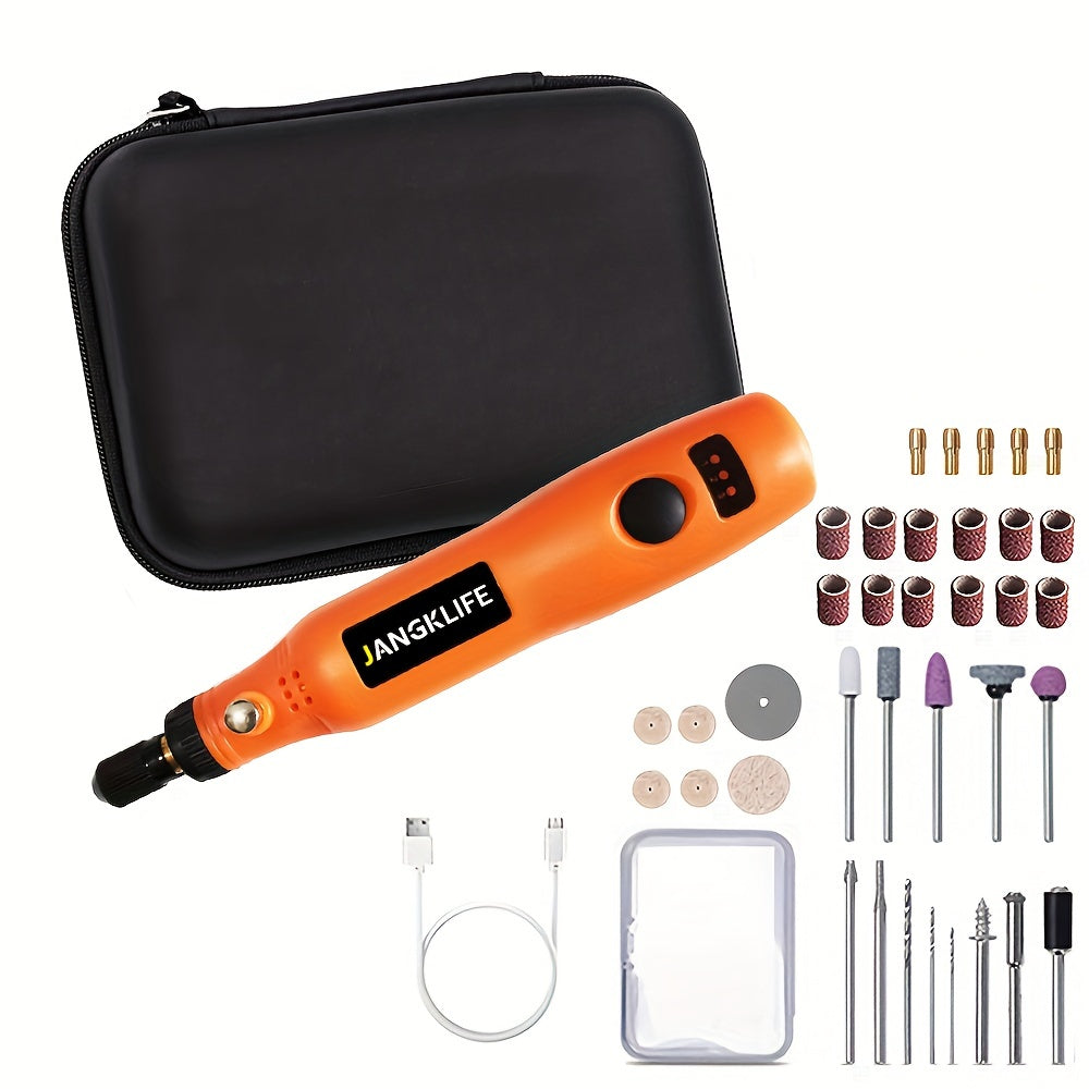 Cordless rotary tools set including rechargeable engraving pen, electric adjustable-speed engraving pen, and portable wood carving tools for grinding, polishing, and etching.