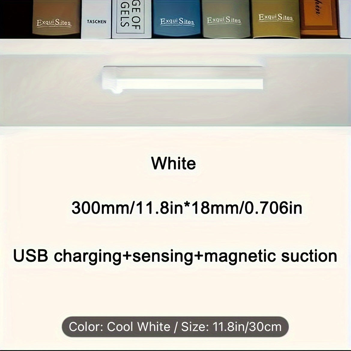 USB rechargeable motion sensor night light with warm and white light options, suitable for under cabinet, kitchen, wardrobe, and more.