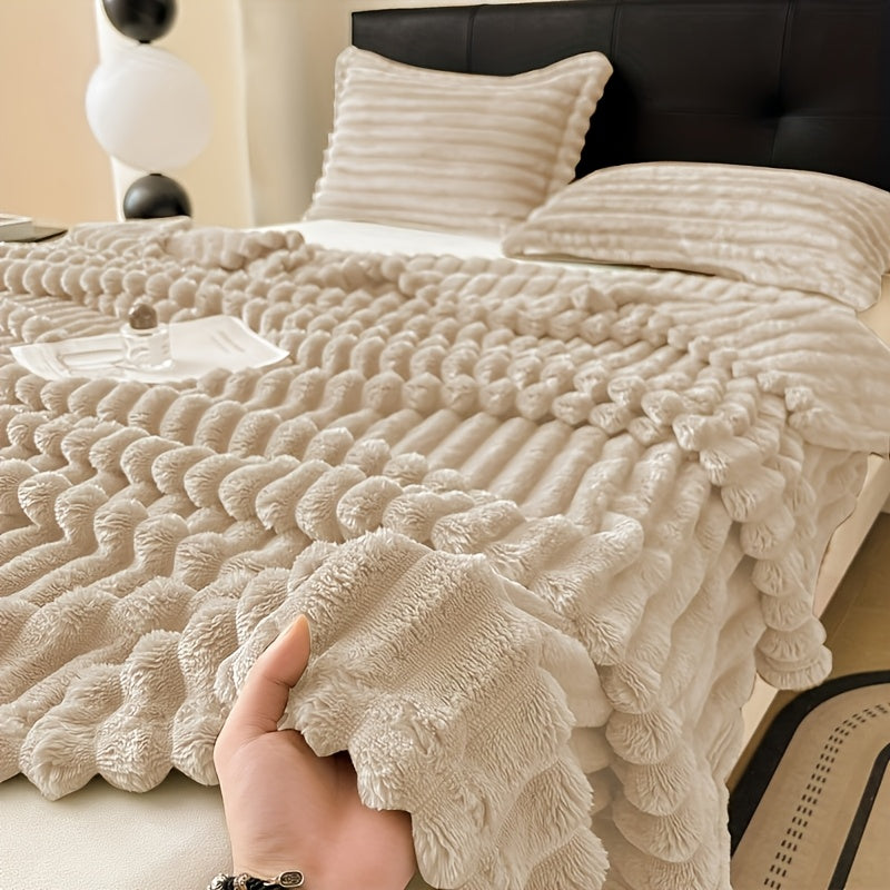 Stay cozy and stylish with our luxurious 1pc Contemporary Champagne Plush Double-Layer Throw Blanket. Made of 100% polyester and weighing 250-300gsm, this blanket is perfect for all seasons. It is machine washable and incredibly soft and warm, making it