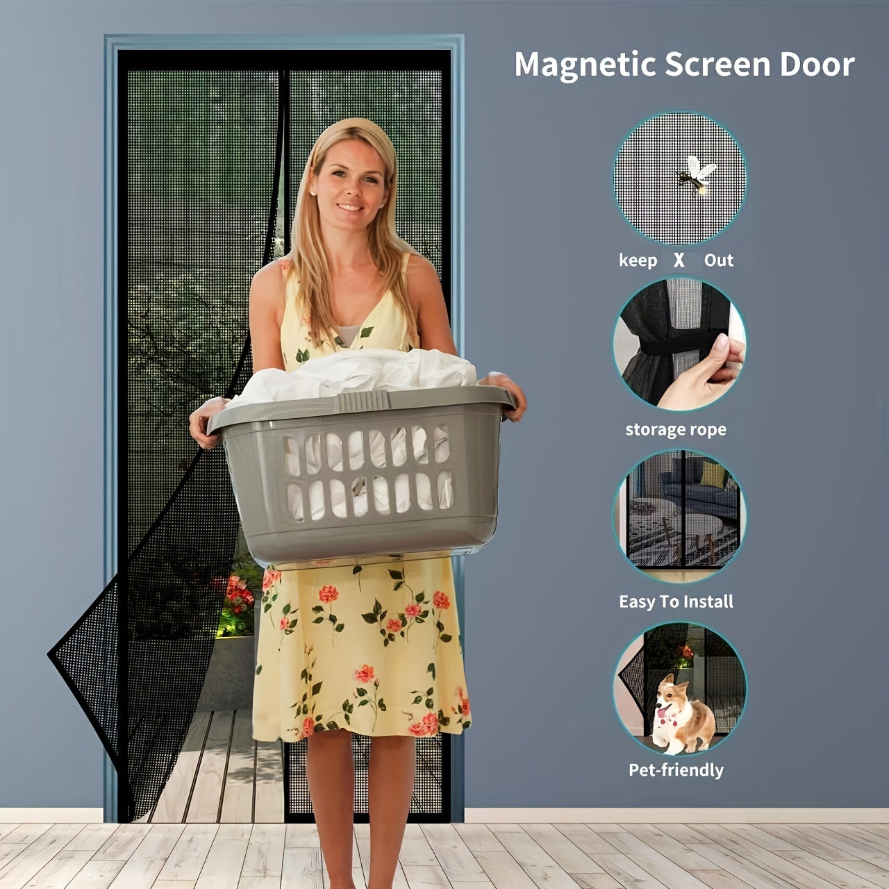 Black magnetic screen door measuring 80.01cm x 208.28cm, self-sealing and heavy-duty, keeps bugs out.