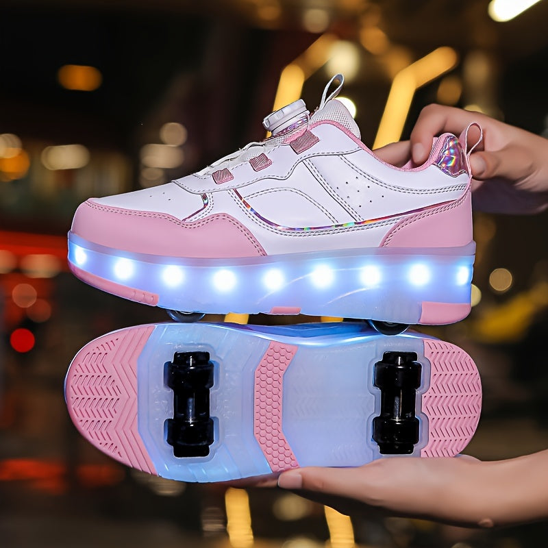 Children's LED Roller Shoes with Retractable Wheels, Trendy Sports Sneakers with Adjustable Brightness, Rotary Buckle Closure, PU upper, TPR sole, and Lithium Polymer Battery.