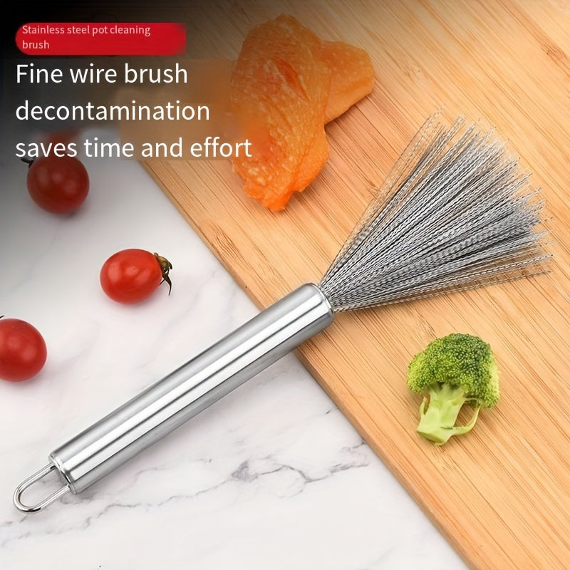 A stainless steel kitchen brush with a long handle and multiple functions, designed for cleaning pots and pans.