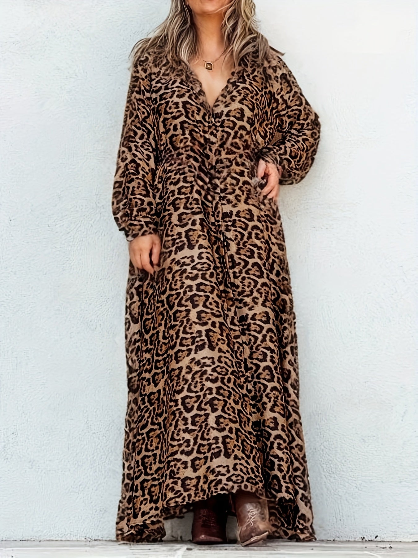 Leopard Print V-Neck Dress with Belt - Lightweight polyester, machine washable - Great for spring/summer/fall, plus size casual wear.