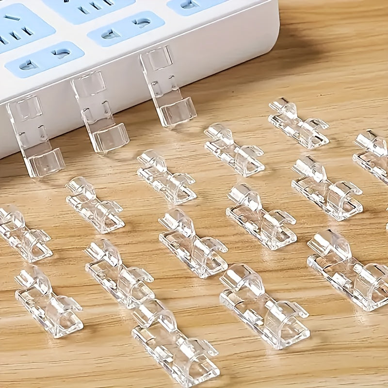 20/60pcs Self-Adhesive Clear Plastic Cable Clips for versatile cord management on walls and desks, ideal for computers, offices, indoors and outdoors, and camping.