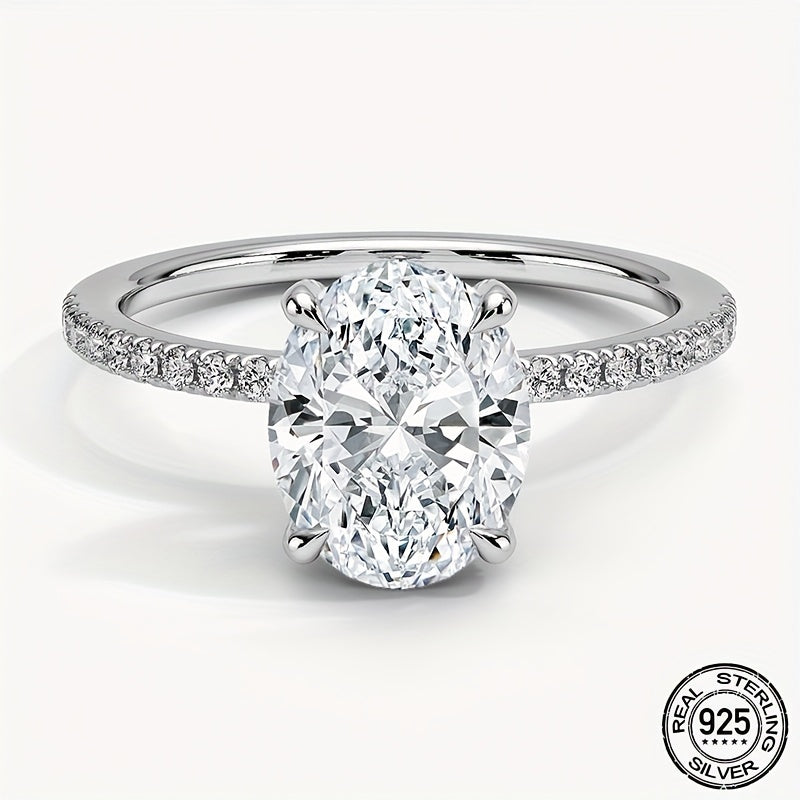 Elegant Oval Moissanite Engagement Ring featuring a 3ct Center Stone and 0.29ct Accents. Crafted in 925 Sterling Silver with 18K Golden Plating, this synthetic April Birthstone is suitable for both daily wear and weddings. Comes with a Certificate and