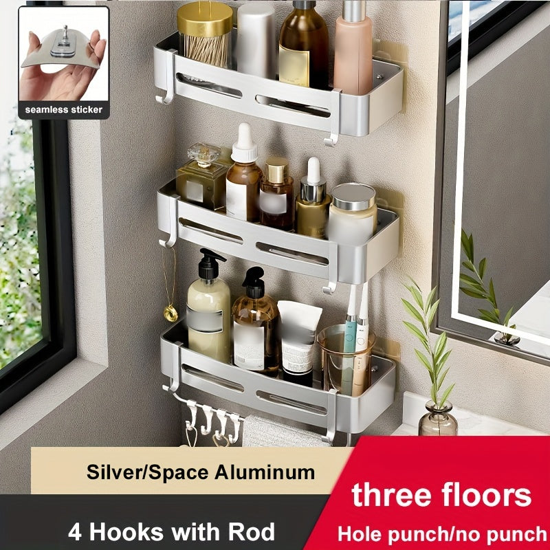 Wall-mounted bathroom storage rack for shampoo, shower gel, and cosmetics; made of space aluminum with no need for drilling.