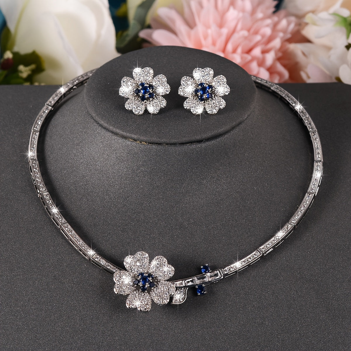 Beautiful Set of 925 Sterling Silver Floral Zirconia Earrings & Necklace - Perfect Fashion Accessories for Women to Wear Daily or Give as a Gift