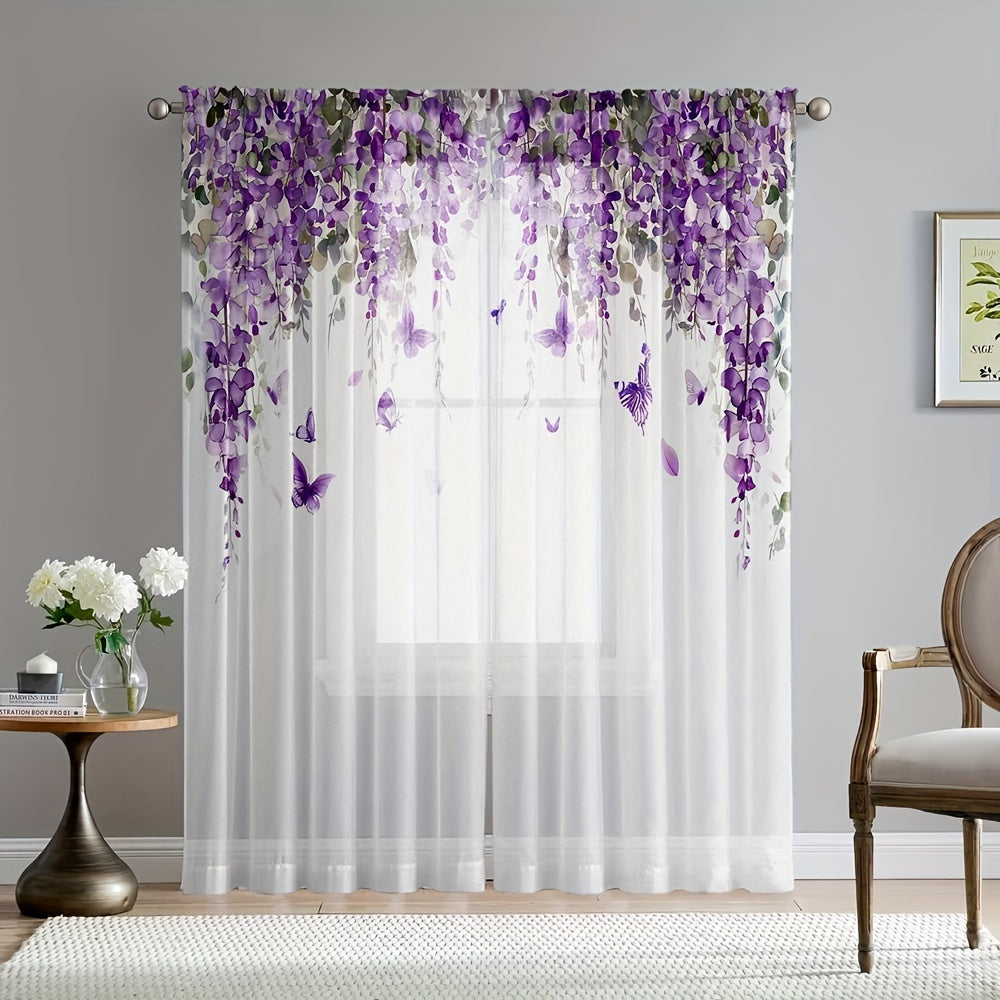 Set of 2 Beautiful Wisteria Floral Print Sheer Curtains - High Definition Digital Design, Luxurious Polyester Microfiber Material, Convenient Rod Pocket Style for Living Room & Bedroom, Simple to Hang and Machine Washable