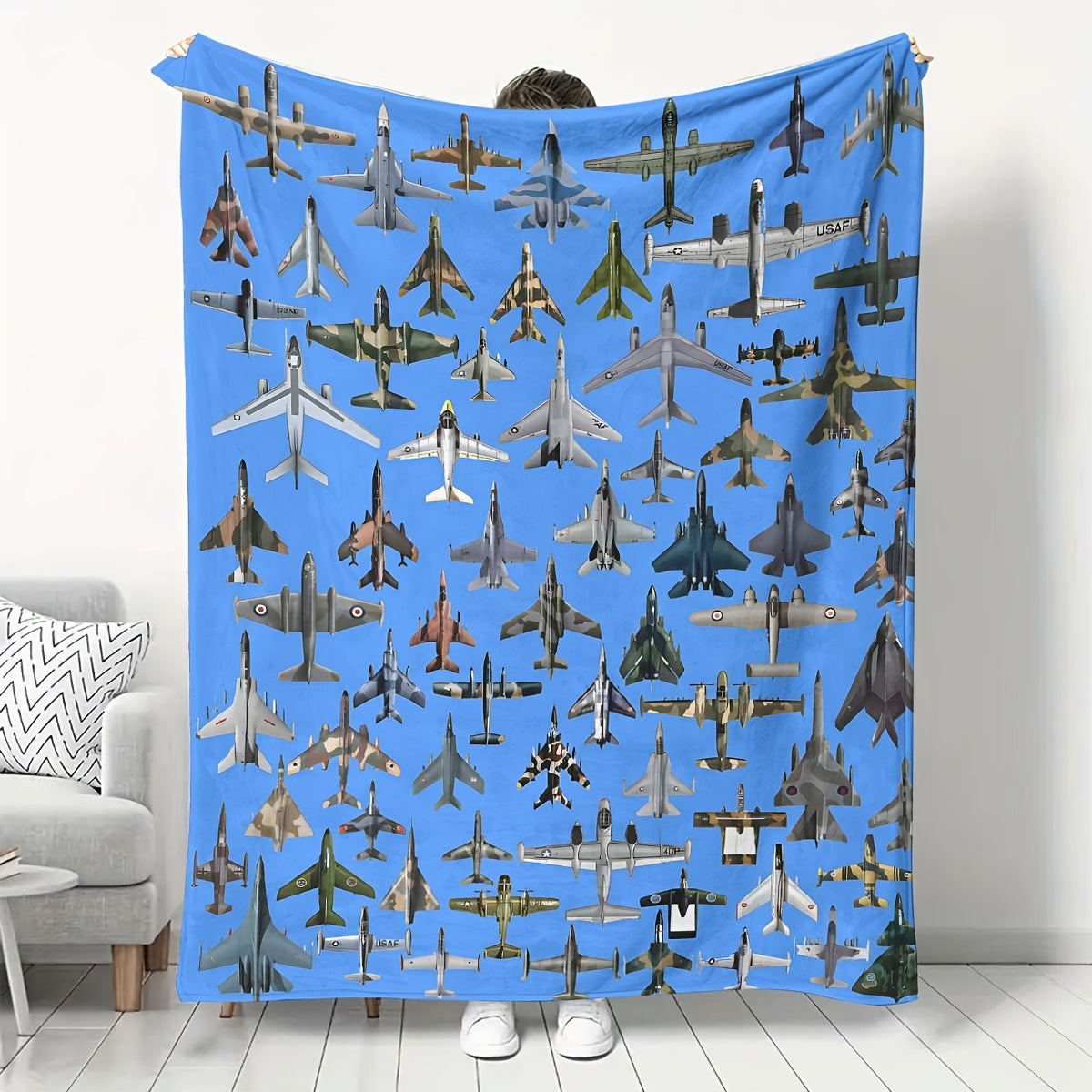 Flannel fleece throw blanket featuring a contemporary military jet aircraft pattern - Perfect for aviation enthusiasts! Hypoallergenic, stain resistant, and suitable for all seasons. Made of soft knit polyester fabric with a high-quality digital print.