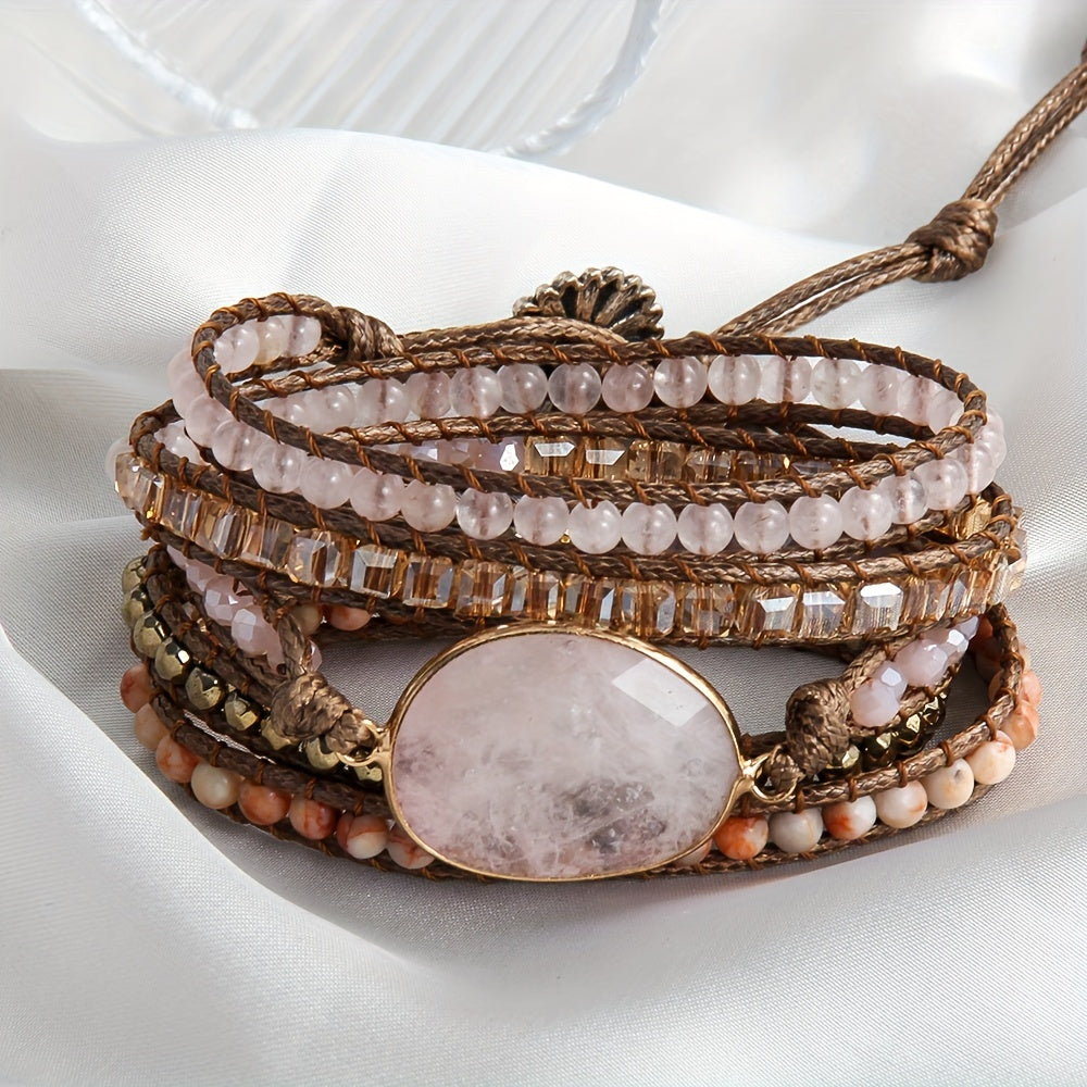 Multi-layered hand rope jewelry accessory made from colorful natural stones, designed as a wrap bracelet.