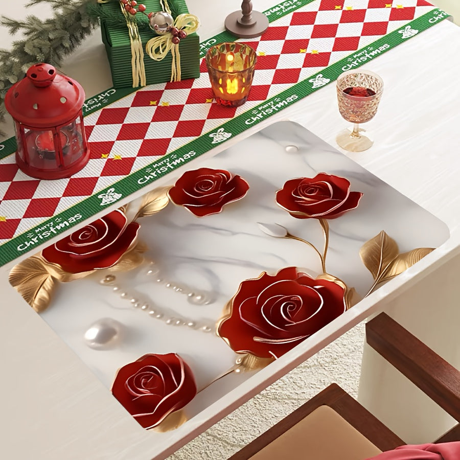 Polyester Kitchen Mat with Festive 3D Rose Design - Anti-Slip, Quick-Dry Tableware Drying Pad - Perfect for Christmas, Halloween, Thanksgiving - Protects Your Home Decor and Desk, Great for Pets