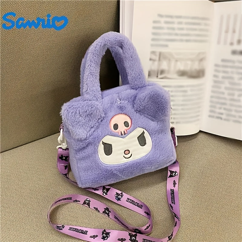 Sanrio plush handbag with Hello Kitty, for Kuromi, My Melody, and Cinnamoroll wallets, and cute fluffy crossbody bag from anime series.