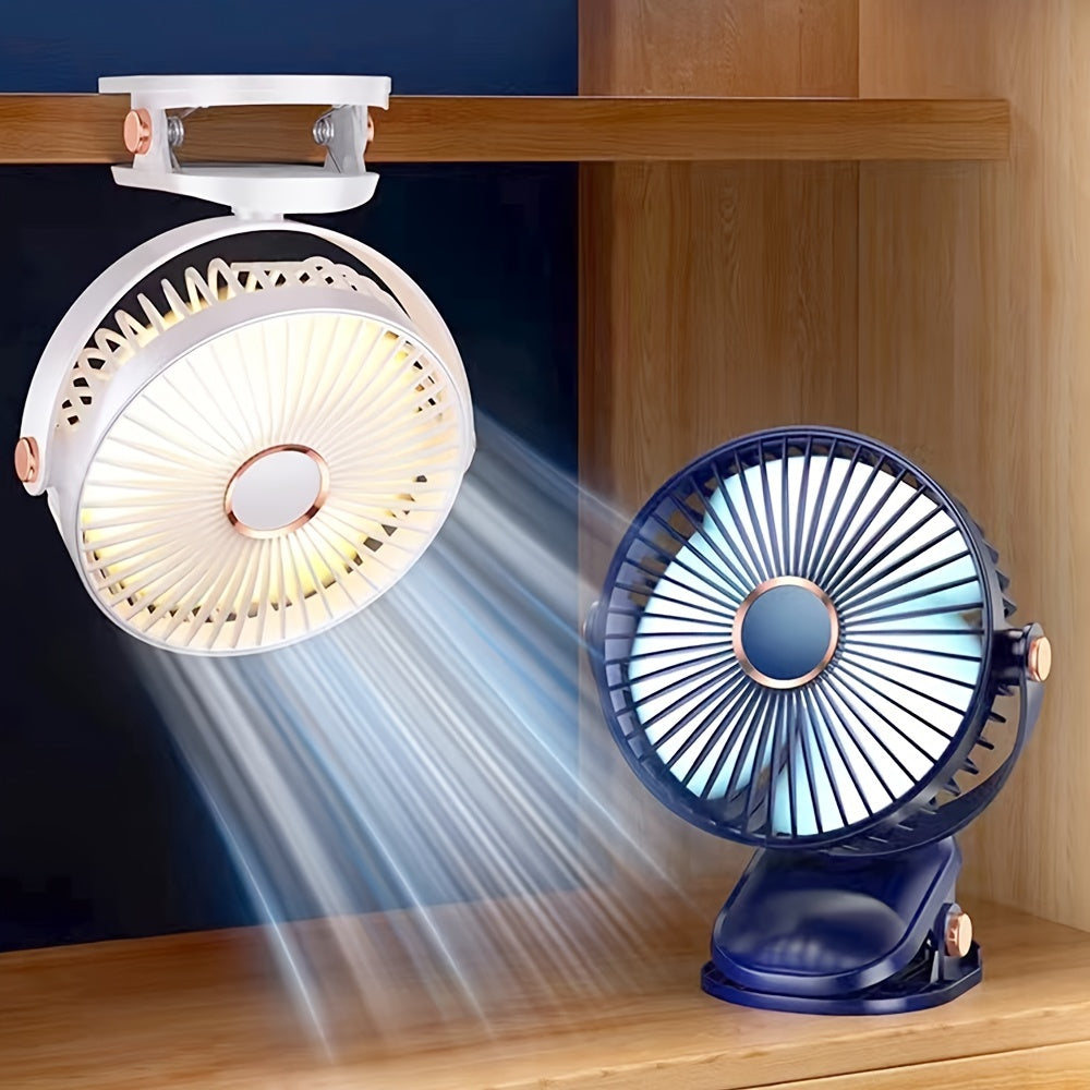 Portable silent desktop fan featuring powerful wind, energy-efficient biomimetic fan blades, five-speed wind adjustment, built-in battery with long-lasting USB charging, 720-degree adjustable air supply, and a 6-inch extra-large air outlet.