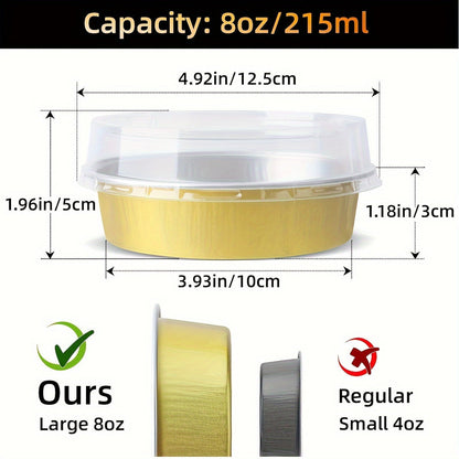 Set of 20 golden mini pie tins with lids, each measuring 10.16cm and holding 8oz. Made of disposable aluminum foil, perfect for creme brulee, tarts, and cakes. These oven-safe individual baking containers are a convenient choice for your cooking needs.