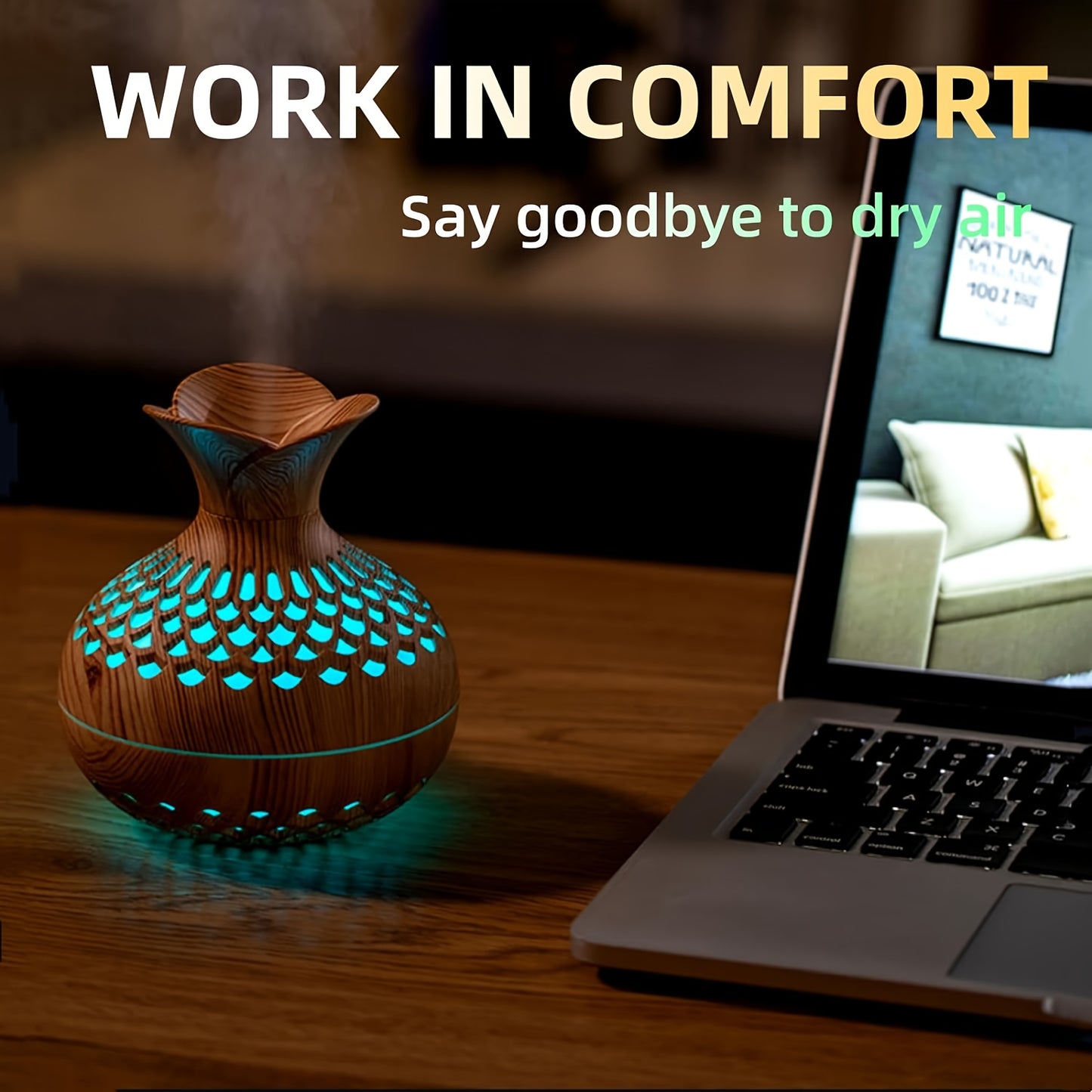 Charming Wood Grain Cool Mist Humidifier - USB Powered, 10.14oz, Ideal for Home, Office, Car, And Classroom Decor - Great Holiday Gift to Improve Air Quality and Soothe Your Senses.