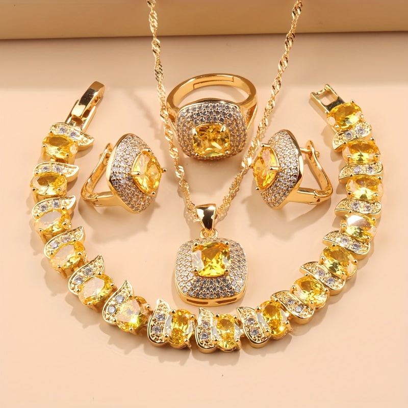 Luxurious wedding/party jewelry set for women, featuring 5 pieces of square earrings, rings, necklaces, pendants, and bracelets. A perfect gift for her.