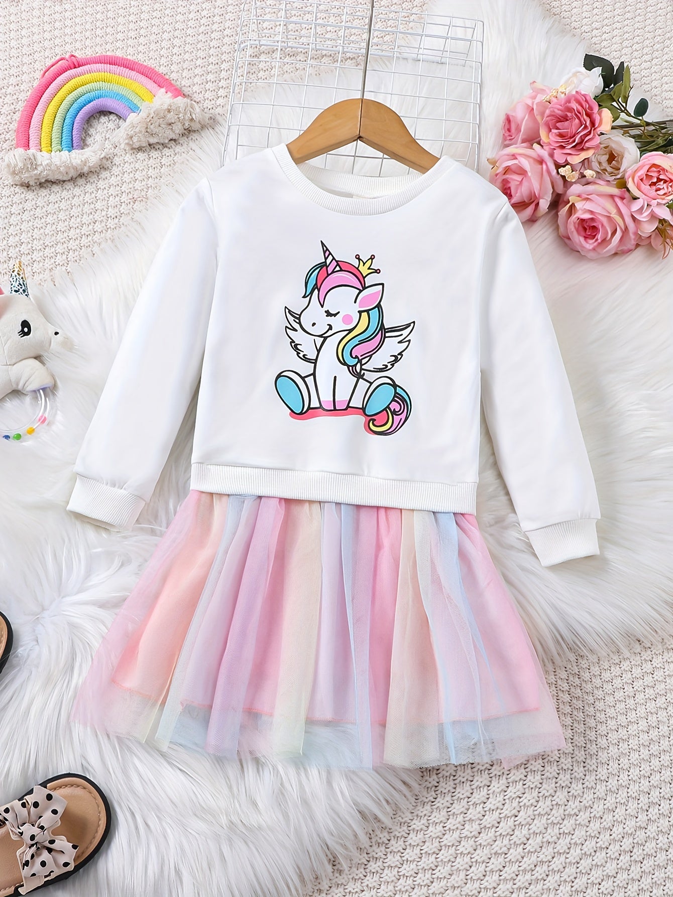 Rainbow tutu dress with unicorn print for girls, perfect for parties or vacations in spring or autumn.