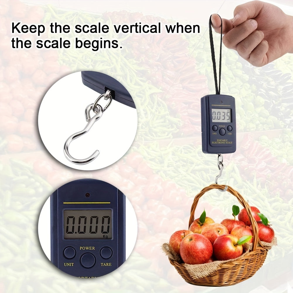 Lightweight portable luggage scale with hidden hook, high precision, battery operated, blue color. Package includes wet wipe and dry clean instructions.