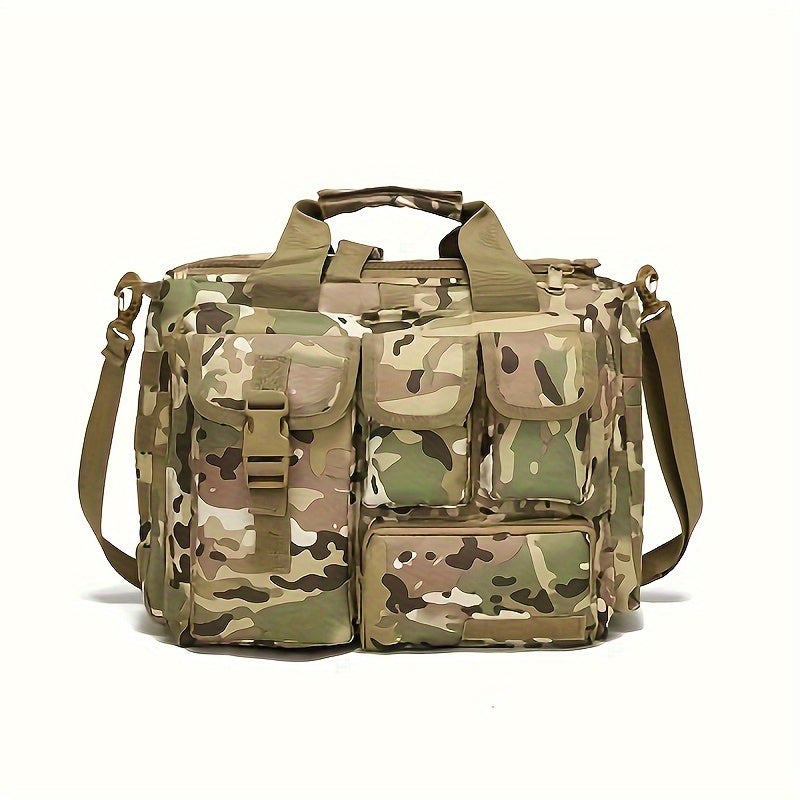 Tactical camo backpack with water-resistant material, laptop compartment, adjustable shoulder strap, zipper closure, and polyester lining. Ideal for outdoor travel.