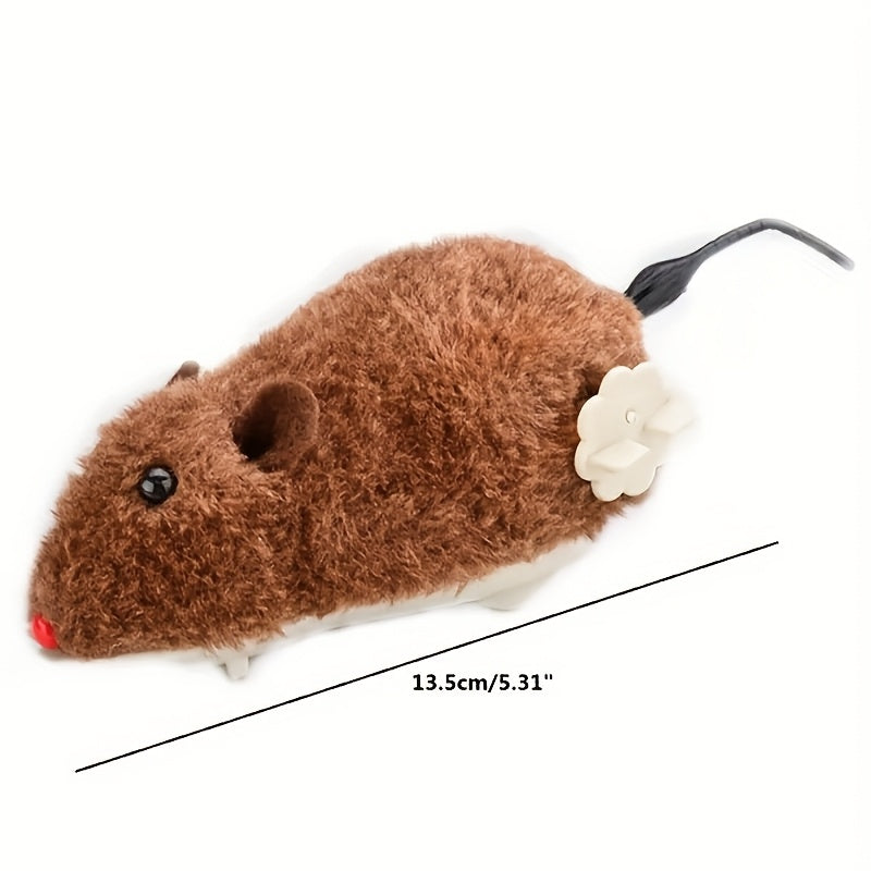 Non-electric, interactive cat toy with wind-up running rat made of durable vinyl material, suitable for kittens, promoting play and exercise without the need for batteries.