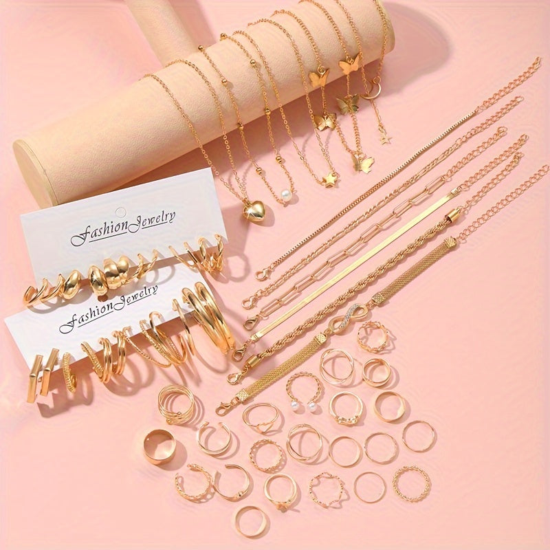 Set of 57 pieces of fashionable metal-style jewelry for women, including necklaces, earrings, bracelets, rings, and anklets. Features wide surface glossy earrings, ring set in a box, twist chain lock bracelet, and daily casual jewelry gift for women