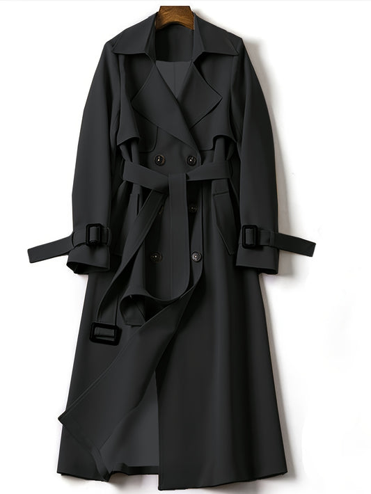 Double-breasted trench coat with lapel collar, belt, and long sleeves for fall & winter in plus sizes.