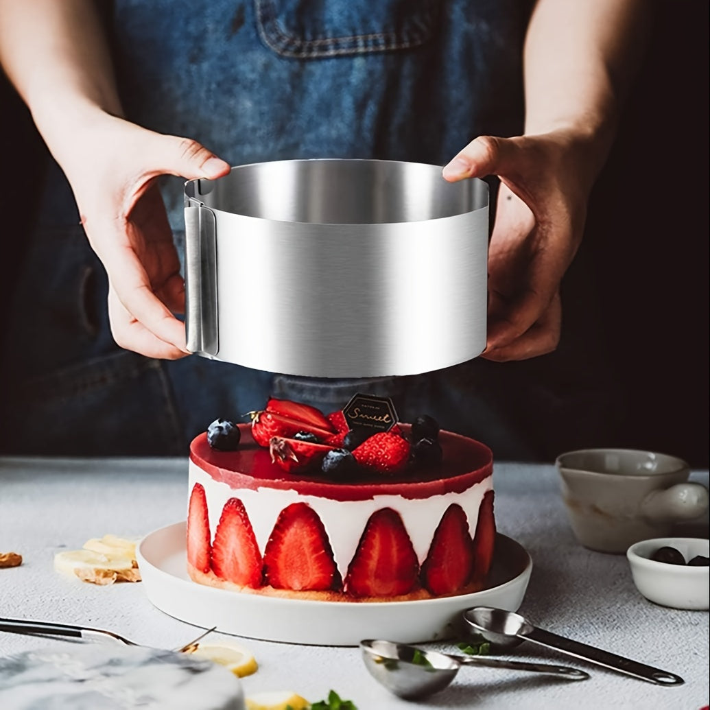 Versatile Cake Mold Ring Set made of Stainless Steel, with Adjustable Size Range of 6 to 30.48 cm, Ideal for Baking Round Mousse Cakes. Perfect for DIY Pastry Projects, Features Easy Release and Cleaning Design