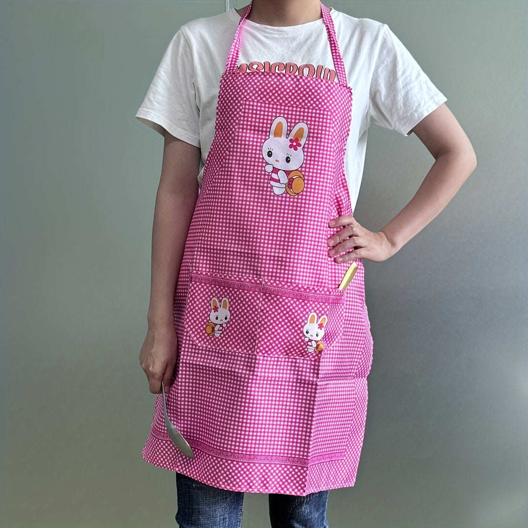 Adjustable blue & white checkered apron with cute rabbit design. Features pockets and is made of oil & dirt resistant polyester, suitable for chefs, gardening, cooking and baking. Lightweight.