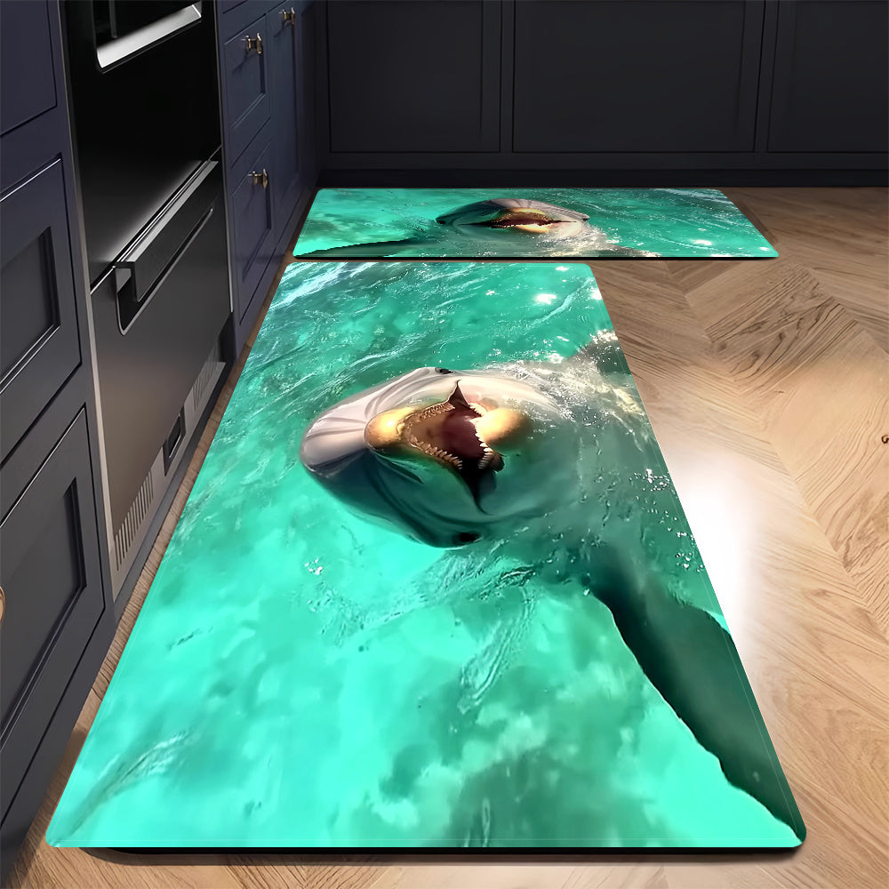 Dive into the ocean with the 1pc Vibrant Shark Ocean Scene Kitchen Mat! This non-slip and comfortable polyester standing mat is perfect for living rooms, bedrooms, gaming areas, bathrooms, and more. Machine washable for easy cleaning, this mat features a