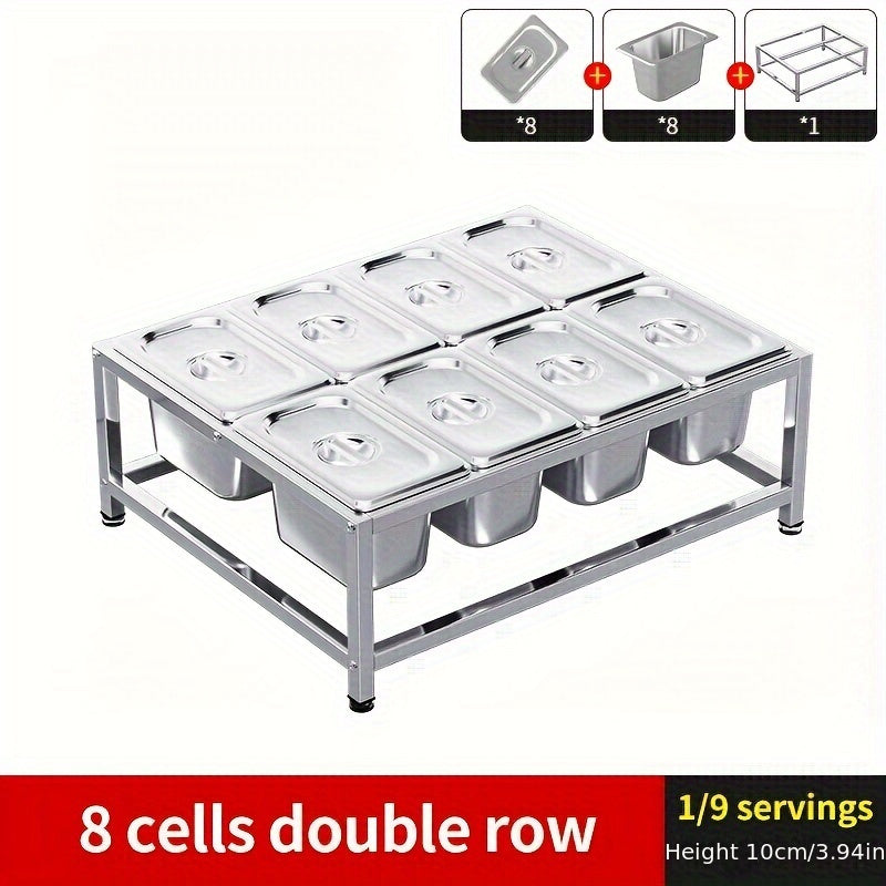 Set of stainless steel spice racks with 8 compartments, designed for organizing spices in both kitchens and restaurants. Includes seasoning containers.