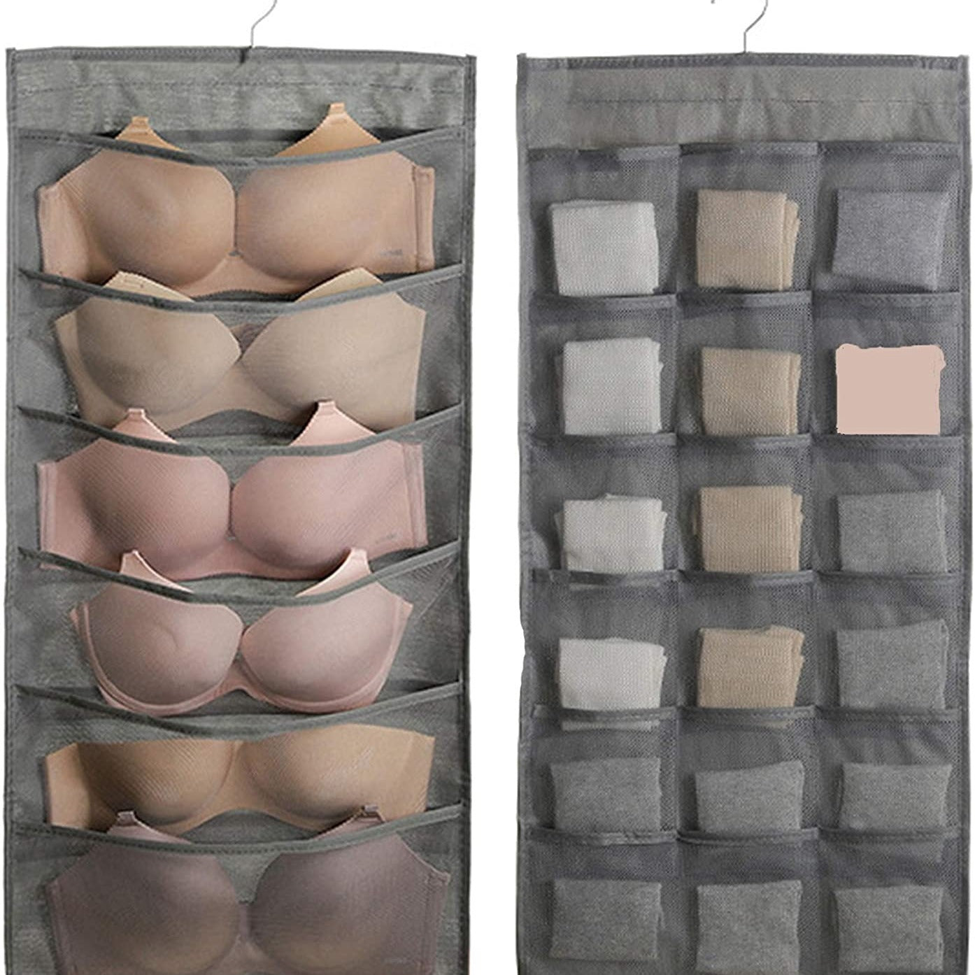 One-piece Closet Hanging Organizer featuring Mesh Pockets and Rotating Metal Hanger. This Dual-Sided Wall Shelf Wardrobe Storage Bag is made of Oxford Cloth, perfect for saving space for bras, underwear, underpants, and socks.