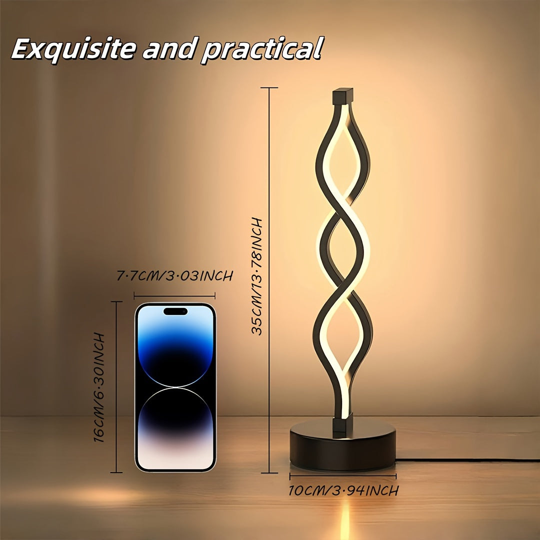 Set of 2 Color Changing Spiral LED Table Lamps with modern design, adjustable color, USB powered, no battery required. Ideal for bedroom, living room, bathroom, fantasy themed home decor.