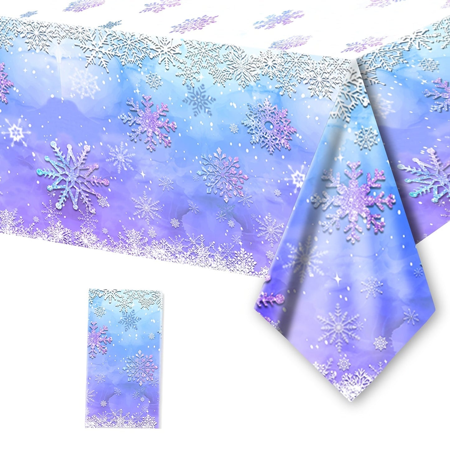 Blue and purple snowflake tablecloth that is ideal for hosting dinosaur birthday parties. Made from durable plastic material, this rectangular tablecloth measures 107.95x179.83 cm in size. Ideal for adding a festive touch to your party decor.