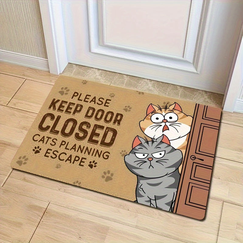 Whimsical Cat Welcome Indoor Doormat - Anti-Slip, Stain-Resistant Polyester Mat featuring "Please Keep Door Closed" Humor. Low Pile, Easy to Clean with Machine Washable for Home Decor