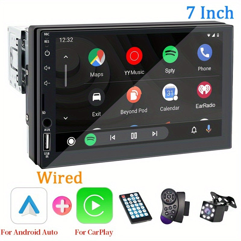 Compact single DIN car multimedia player with 17.78cm HD touch screen, support for wired CarPlay and AndroidAuto, MirrorLink, navigation and music connection. Features touch buttons