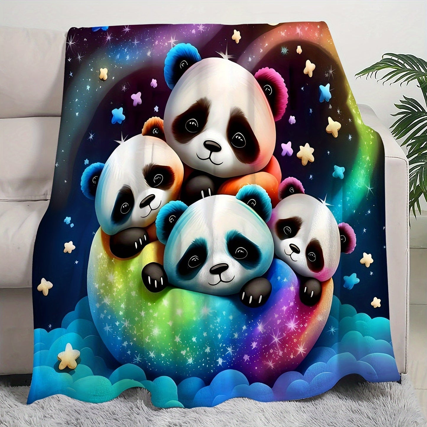 Cozy Modern Panda Design Blanket made from Flannel Fleece, Perfect for All Seasons, Multipurpose Home Decor with Digital Print, Easy to Clean in Washing Machine, Made from Polyester Knit Fabric, 200-250 gsm