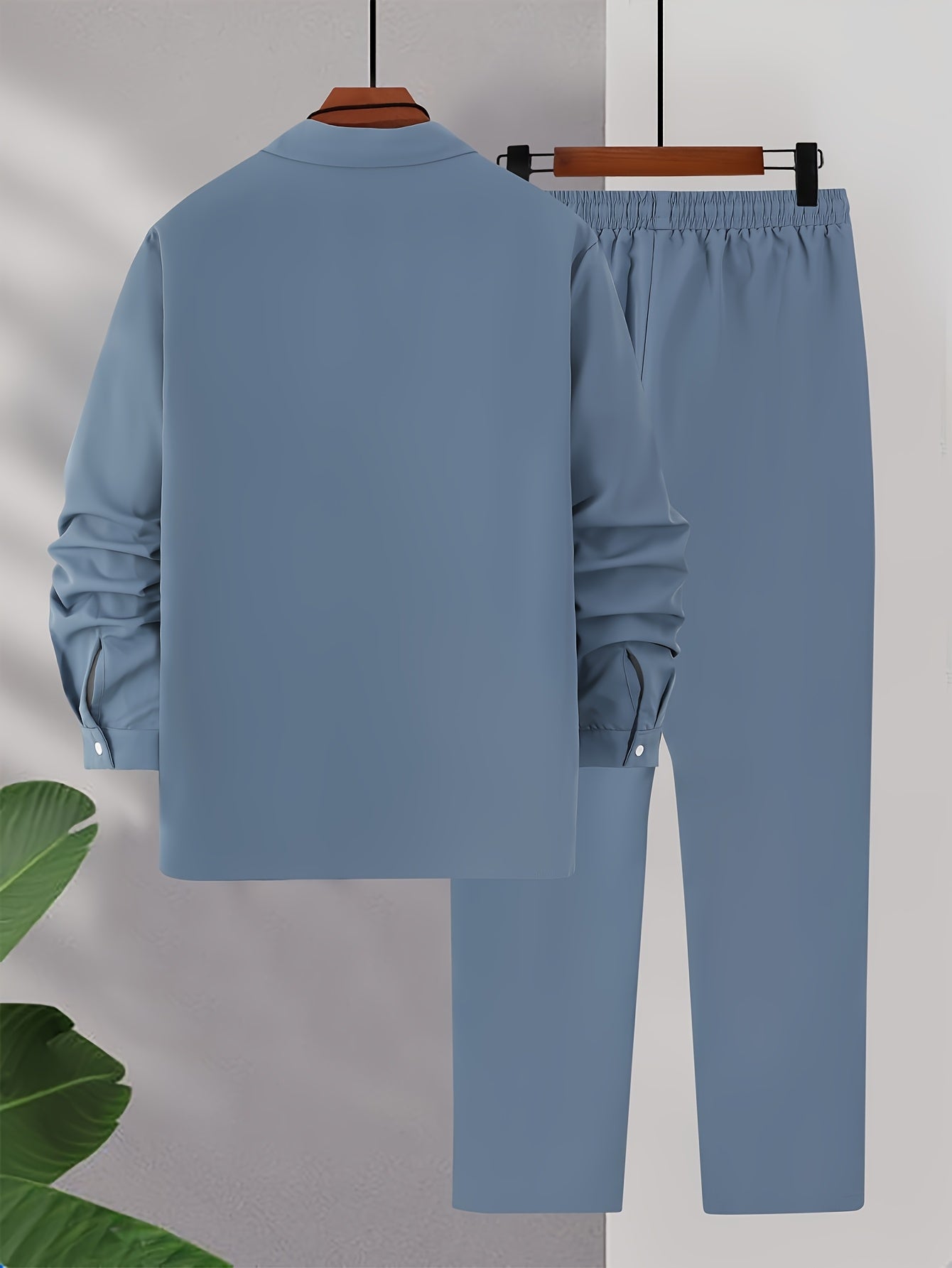 Men's 2-piece casual outdoor set includes a printed long sleeve button-up shirt and drawstring pants made of durable polyester. Machine washable and ideal for spring/fall.