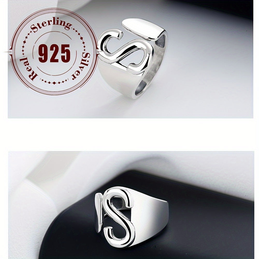 Hip Hop Style Sterling Silver 925 Wide Band Ring with Letter S, Influenced by Japanese & Korean Fashion, Suitable for Everyday Wear and Gift Giving, Weighs Approximately 3.5g